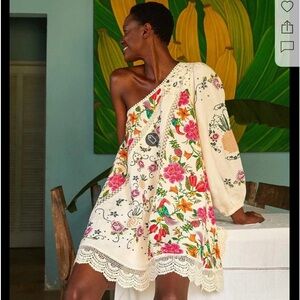FARM Rio Toucan's Garden Floral
Embroidery One-Shoulder Linen Blend Dress